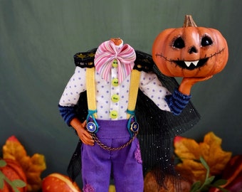 Muñeca de calabaza de Halloween, Estatuilla de calabaza sin cabeza, Muñeca de arte espeluznante, Muñeca de arte hecha a mano, Estatuilla de colección, Decoración de Halloween, Juguete de arte