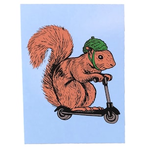 Cartolina scoiattolo su un uccello / scoiattoli in miniatura / scoiattolo su uno scooter / mangiatoia per scoiattoli / regalo per amanti degli scoiattoli / regalo per fan degli scoiattoli