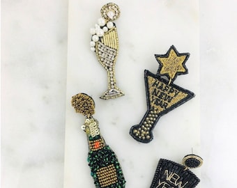 New Years Beaded Earrings || Happy New Year || Statement Earring || Champagne Flutes || NYE Outfit || Beaded Earrings || OOTD || Cheers
