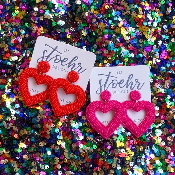 Red Beaded Earrings, Valentines Day Earrings, Red Heart Beaded