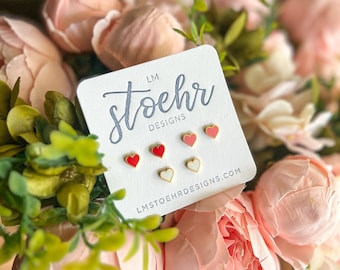 Heart Trio Stud Earrings || Mini Earrings || Happy Valentine’s Day || Statement Earrings || XOXO || Pink + Red