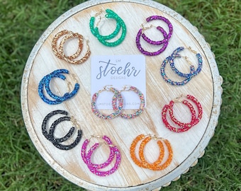Glitter Hoop Earrings || Pink Glitter || Party Earrings || Statement Earrings || Lightweight Jewelry || Bachelorette Vibes ||