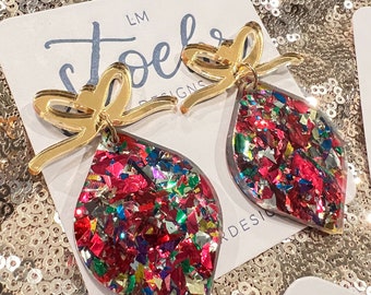 Confetti Bow Ornament Earrings || Statement Earrings || Lightweight || Happy Holidays || Merry Christmas || Multi Glitter || New Years