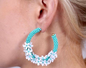 Aqua Floral Beaded Hoop Earrings || Statement Earrings || Summer Vibes || Hues of Blue || Pop of Color