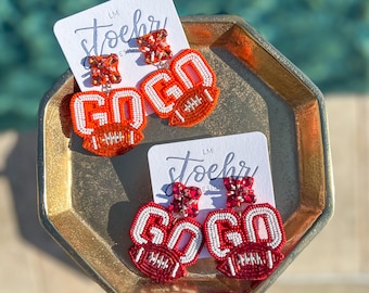 Bejeweled “GO” Spirit Earrings || Gameday Outfit || Seed Bead Jewelry || Football Season || Butgundy + White || Orange + White