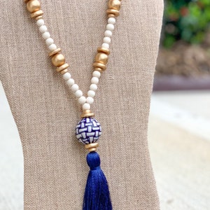 The Miller Tassel Necklace || Woven Chinoiserie Bead Necklace || Navy Blue || Handmade Statement Piece || Matte Gold