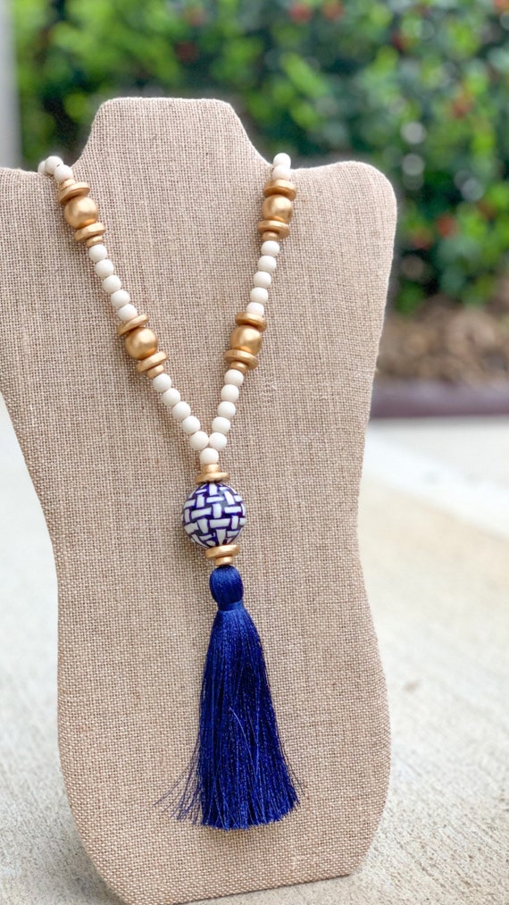 Navy tassel best sale necklace