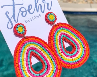 Esmerelda Beaded Earrings || Beach Please || Summer Styles || Lightweight Earrings || Neon Orange || Multi Colored Earrings || OOTD