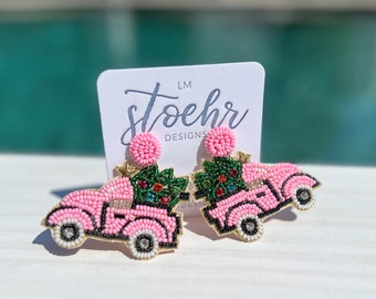 Pink Holiday Truck Earrings || Statement Earrings || Home for the Holidays || Happy Holidays || Merry Christmas || Pop of Pink ||