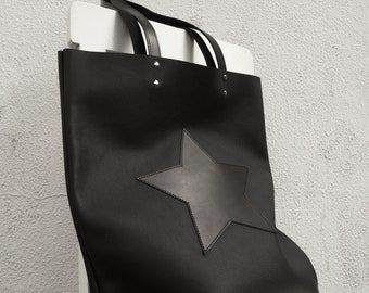 Leather Shopper Bag/Large Black Leather Tote/Big Tote Bag/Leather Star Bag/Ready to ship