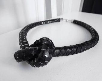 Black Snake Leather Necklace/Silver Snake Skin Necklace/Knot Leather Necklace/Ready to ship
