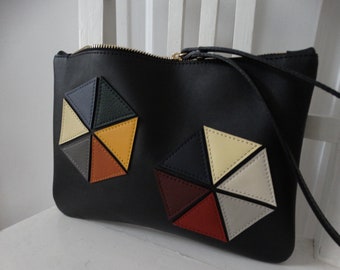 Leather Wristlet Clutch/Colorful Leather Clutch/Black Purse/READY TO SHIP