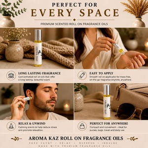 Pu&ograve; includere: Olio profumato roll-on premium Aroma Kaz in una bottiglia di vetro trasparente con tappo argentato ed etichetta bianca. Il prodotto &egrave; mostrato in vari contesti, inclusa l'applicazione sul polso e dietro l'orecchio, evidenziandone le dimensioni compatte per i viaggi e l'uso quotidiano.