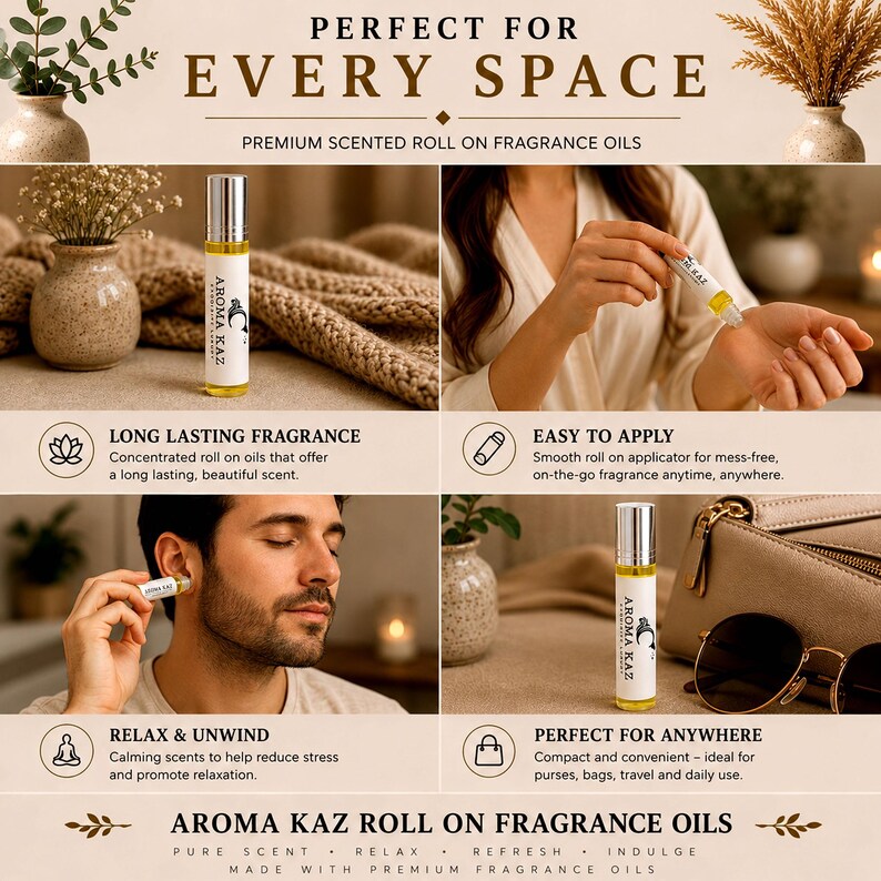 Pu&ograve; includere: Olio profumato roll-on premium Aroma Kaz in una bottiglia di vetro trasparente con tappo argentato ed etichetta bianca. Il prodotto &egrave; mostrato in vari contesti, inclusa l'applicazione sul polso e dietro l'orecchio, evidenziandone le dimensioni compatte per i viaggi e l'uso quotidiano.