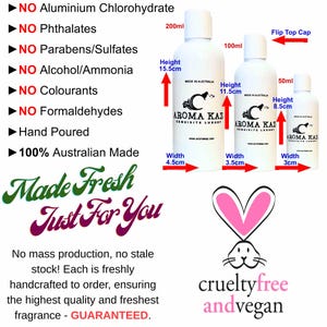 May include: White bottles with flip-top caps, labeled "AROMA KAZ EXQUISITE LUXURY," in 200ml (15.5cm height, 4.5cm width), 100ml (11.5cm height, 3.5cm width), and 50ml (8.5cm height, 3cm width) sizes. Text includes "Made Fresh Just For You" and "cruelty-free and vegan."