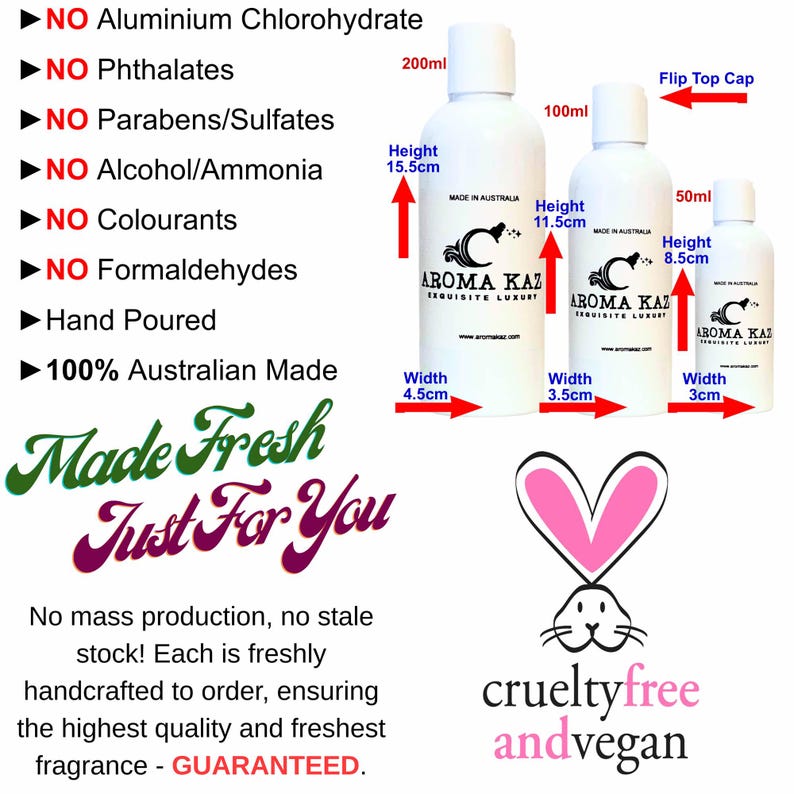May include: White bottles with flip-top caps, labeled "AROMA KAZ EXQUISITE LUXURY," in 200ml (15.5cm height, 4.5cm width), 100ml (11.5cm height, 3.5cm width), and 50ml (8.5cm height, 3cm width) sizes. Text includes "Made Fresh Just For You" and "cruelty-free and vegan."
