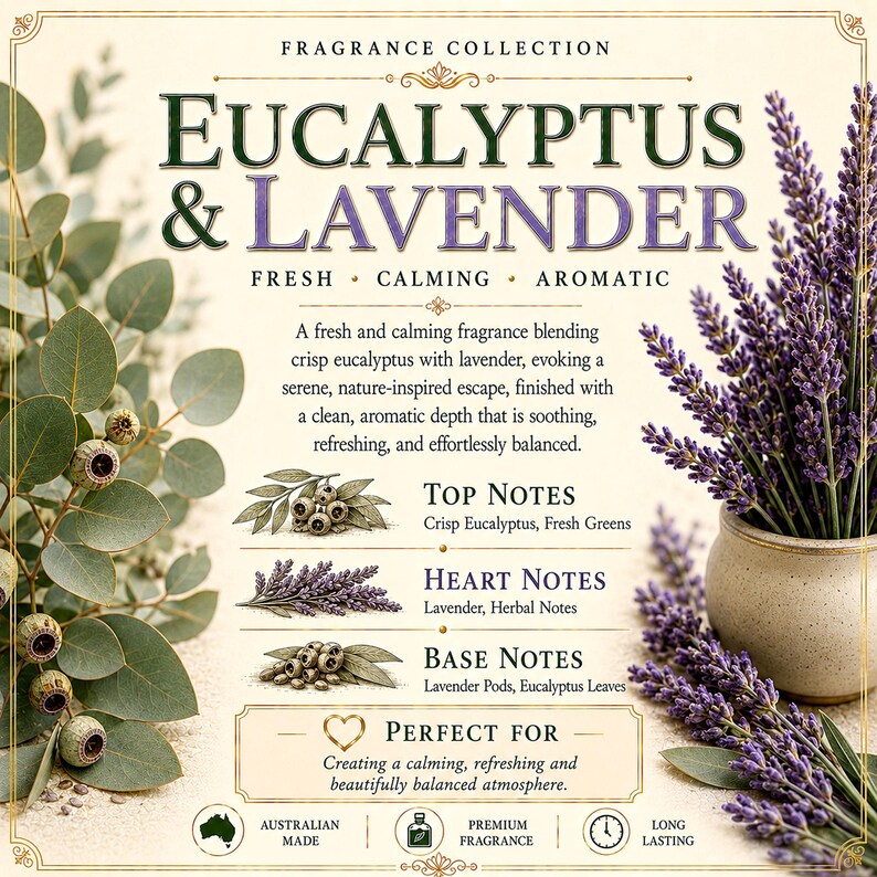 May include: A fragrance collection label titled Eucalyptus & Lavender featuring illustrations of eucalyptus branches and lavender sprigs. The text details top, heart, and base notes, describing a blend of crisp eucalyptus and lavender.