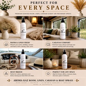 May include: An advertisement for Aroma Kaz room, linen, caravan, and boat air freshener sprays. The image features white spray bottles with black nozzles, showcasing the product in various settings, including a bedroom, caravan, and boat. Text on the bottles reads "AROMA KAZ".