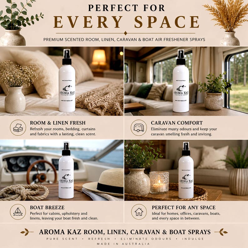 May include: An advertisement for Aroma Kaz room, linen, caravan, and boat air freshener sprays. The image features white spray bottles with black nozzles, showcasing the product in various settings, including a bedroom, caravan, and boat. Text on the bottles reads "AROMA KAZ".