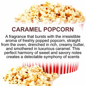 Caramel Popcorn fragrance description card featuring buttery popcorn and sweet caramel notes.