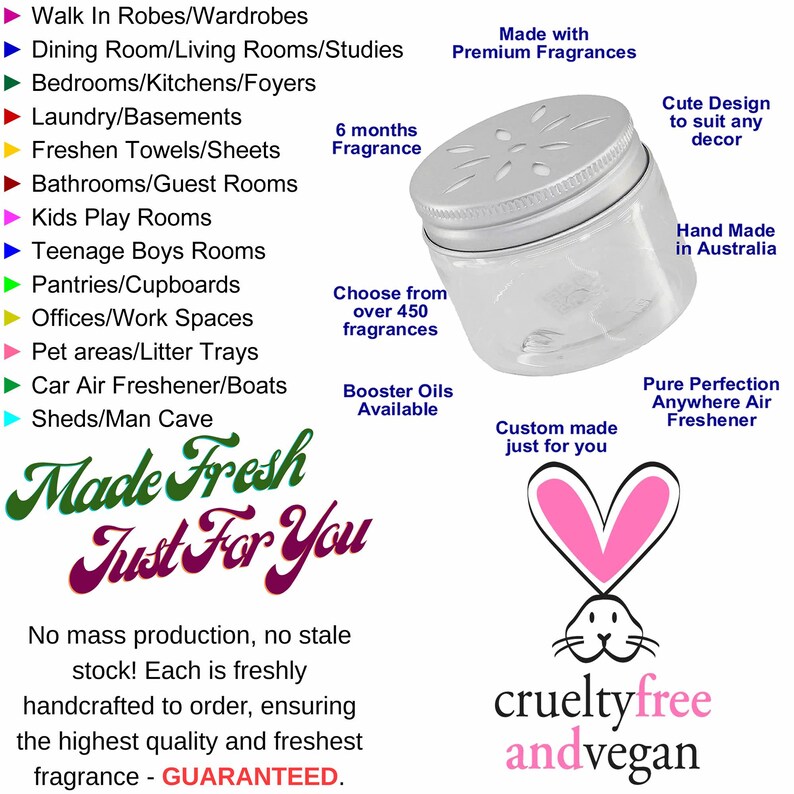 Handmade vegan aroma bead air freshener in small jar, suitable for wardrobes, bathrooms, cars and pet areas, made in Australia with premium fragrances, long-lasting 6-month scent, cruelty-free custom home fragrance freshener.