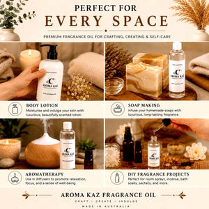 May include: A collage of Aroma Kaz fragrance oil products including a white pump bottle of body lotion, two bars of marbled soap, a wood-grain essential oil diffuser, and small clear glass dropper bottles with black caps and white labels.