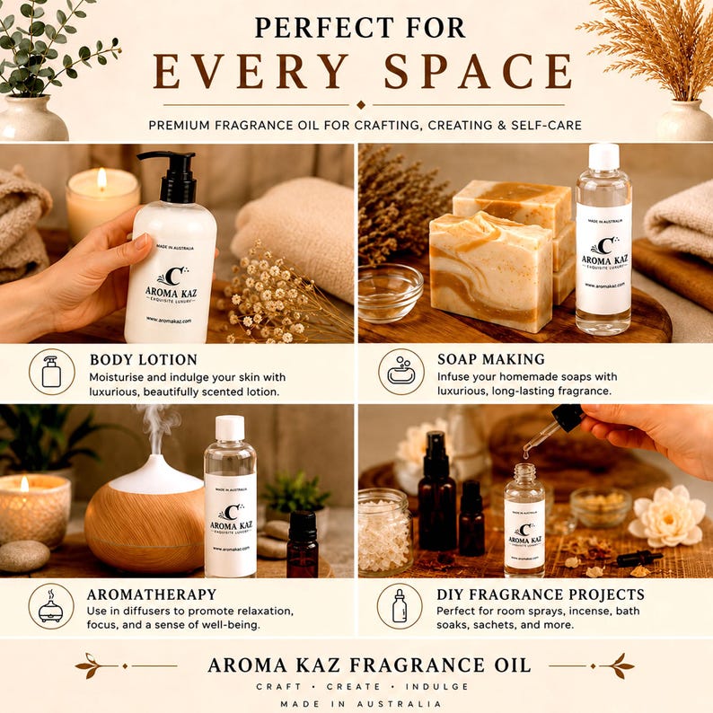 May include: A collage of Aroma Kaz fragrance oil products including a white pump bottle of body lotion, two bars of marbled soap, a wood-grain essential oil diffuser, and small clear glass dropper bottles with black caps and white labels.