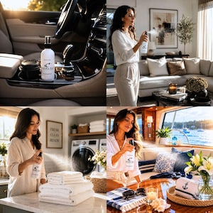 May include: Aroma Max spray bottle with a white label and black text. The spray bottle is shown in various settings, including a car, living room, laundry room, and yacht. The product is being sprayed in each scene.