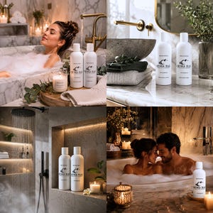 May include: A collection of white bottles with black text and a logo, labeled "Hand & Body Wash" and "Hand & Body Lotion", are displayed in a spa-like setting. The image includes candles, a bathtub, and a couple in a tub.