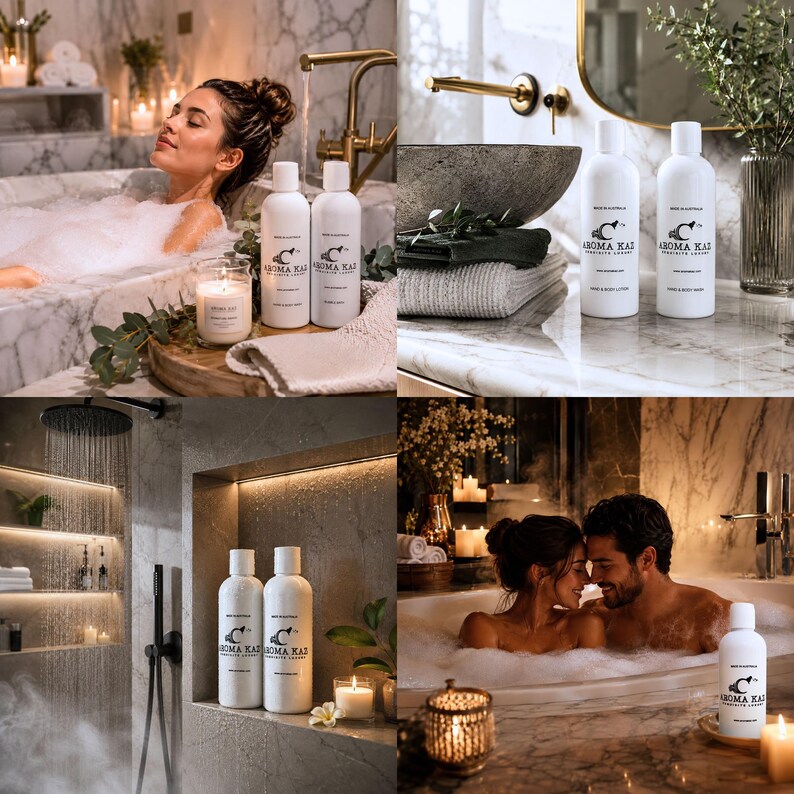 May include: A collection of white bottles with black text and a logo, labeled "Hand & Body Wash" and "Hand & Body Lotion", are displayed in a spa-like setting. The image includes candles, a bathtub, and a couple in a tub.