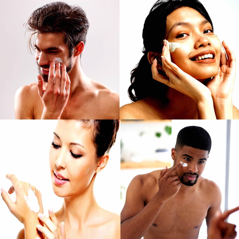 Men and women applying vegan body and hand cream to face and skin hydrating moisturizing lotion cruelty free skincare for soft healthy skin