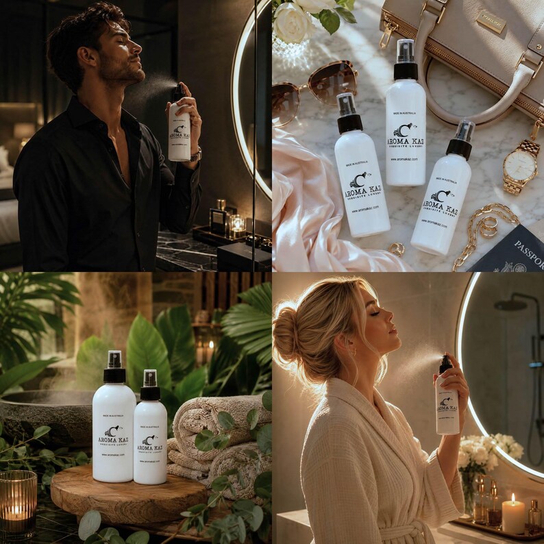 Pu&ograve; includere: Tre flaconi spray bianchi con tappi neri ed etichette con la scritta AROMA KAI. I flaconi presentano un logo circolare con una lettera C stilizzata e del testo. I contenitori sono mostrati in varie ambientazioni, tra cui una superficie marmorea.