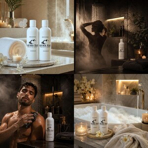 May include: Four-panel image showcasing luxury bath products. White bottles with black text and a logo are featured in various bathroom settings. The scenes include a person in a shower, a person in a bathtub, and product displays with candles and towels.