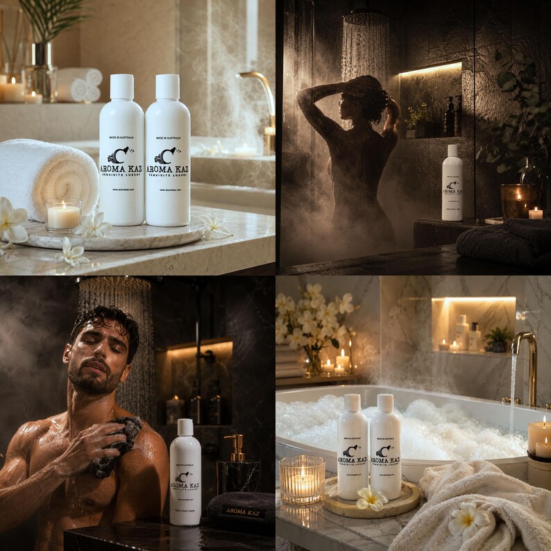 May include: Four-panel image showcasing luxury bath products. White bottles with black text and a logo are featured in various bathroom settings. The scenes include a person in a shower, a person in a bathtub, and product displays with candles and towels.