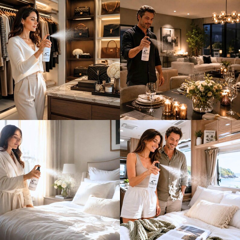 May include: A multi-panel image showcasing a spray bottle being used in various settings: a walk-in closet, a dining room, a bedroom, and a recreational vehicle. The bottle has a white label with a logo. The scenes depict a lifestyle theme.