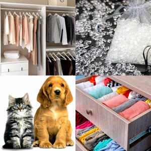 Aroma bead air freshener uses for wardrobes, drawers and pet areas, featuring organised closet, scented beads in sachet, folded clothes in drawer, and dog and cat for odour control, long-lasting vegan home fragrance solution.