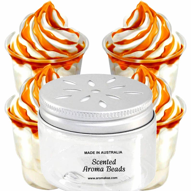 Vanilla Caramel Air Freshener Aroma Beads – vegan, cruelty-free fragrance featuring creamy vanilla and rich buttery caramel, made in Australia.