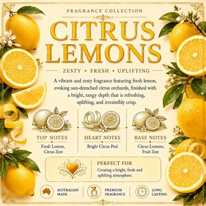 May include: A fragrance collection advertisement featuring the words "Citrus Lemons" with illustrations of lemons, lemon slices, and zest. The text describes the fragrance as zesty, fresh, and uplifting, with top, heart, and base notes.