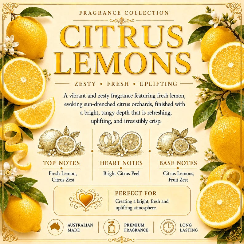 May include: A fragrance collection advertisement featuring the words "Citrus Lemons" with illustrations of lemons, lemon slices, and zest. The text describes the fragrance as zesty, fresh, and uplifting, with top, heart, and base notes.