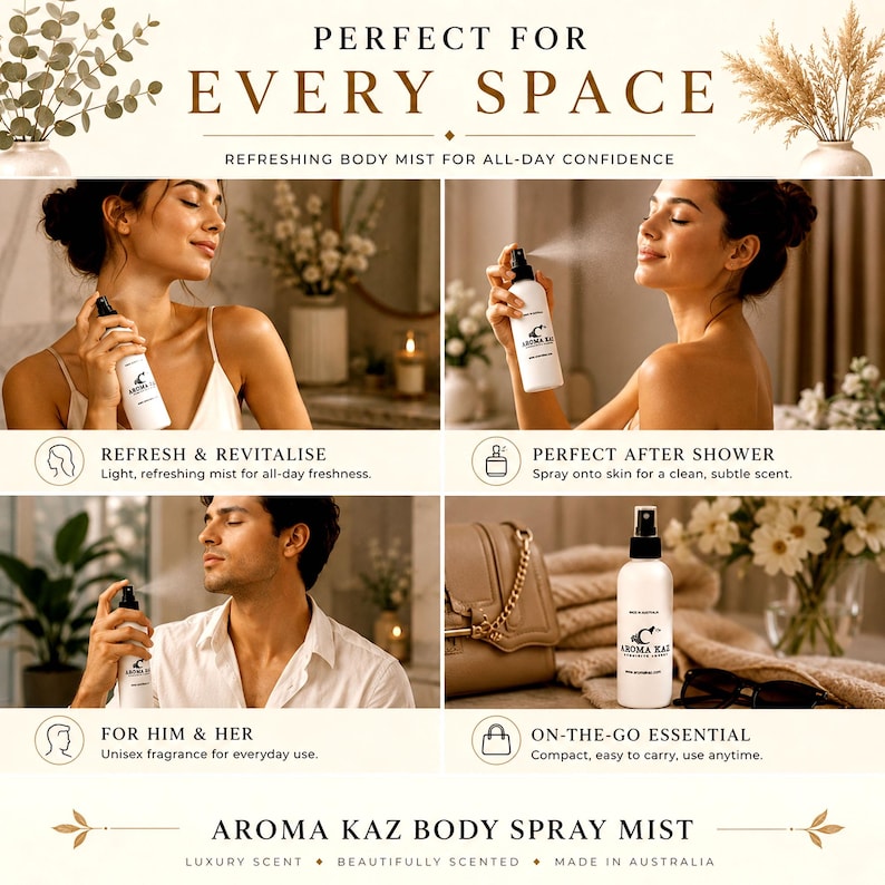Pu&ograve; includere: Un flacone cilindrico bianco di spray per il corpo con erogatore a spruzzo nero e un'etichetta con il logo Aroma Kaz. Il flacone &egrave; mostrato in vari contesti, tenuto in mano da persone e posizionato vicino a una borsa, con testo sovraimpresso.