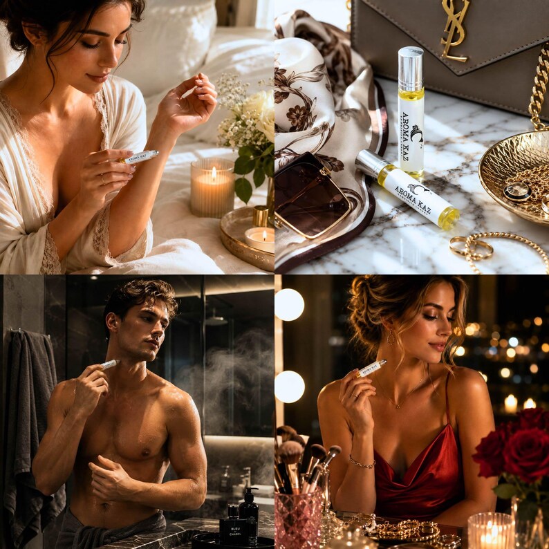 Pu&ograve; includere: Due flaconi di profumo roll-on in vetro trasparente con tappi argentati, ciascuno con un'etichetta bianca con la scritta AROMA KAZ. I flaconi contengono un liquido giallo pallido e sono esposti insieme ad accessori di lusso.