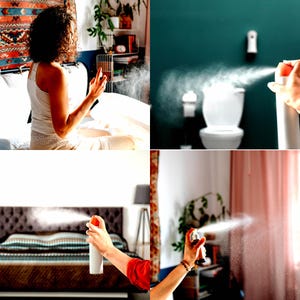 Using vegan room and linen spray air freshener in bedroom bathroom and home for long lasting fresh scent