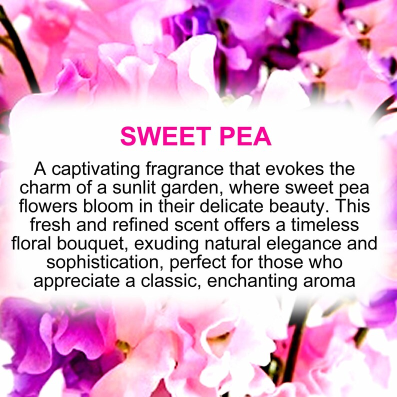 Sweet Pea fragrance description card featuring fresh floral sweet pea notes.