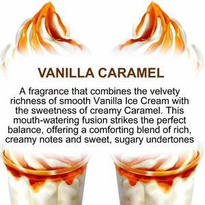 Vanilla Caramel fragrance description card with creamy vanilla and rich caramel notes.