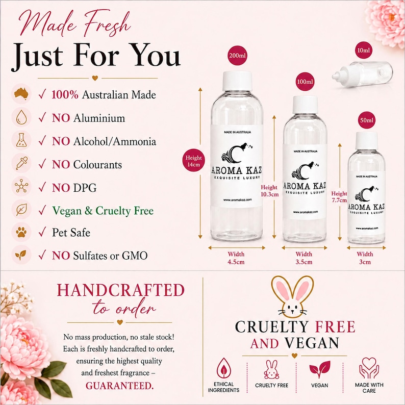Puede incluir: Tres botellas de pl&aacute;stico transparente con tapones blancos y etiquetas que dicen AROMA KAZ EXQUISITE LUXURY. La botella de 200ml mide 14cm de alto y 4,5cm de ancho, la de 100ml mide 10,3cm de alto y 3,5cm de ancho, y la de 50ml mide 7,7cm de alto y 3cm.