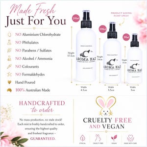 May include: Three white spray bottles of varying sizes, labeled "Aroma Kaz." The largest bottle is 17.5 cm tall and 4.5 cm wide, the medium is 14 cm tall and 3.5 cm wide, and the smallest is 11 cm tall and 3 cm wide. The text reads "Made Fresh Just For You."