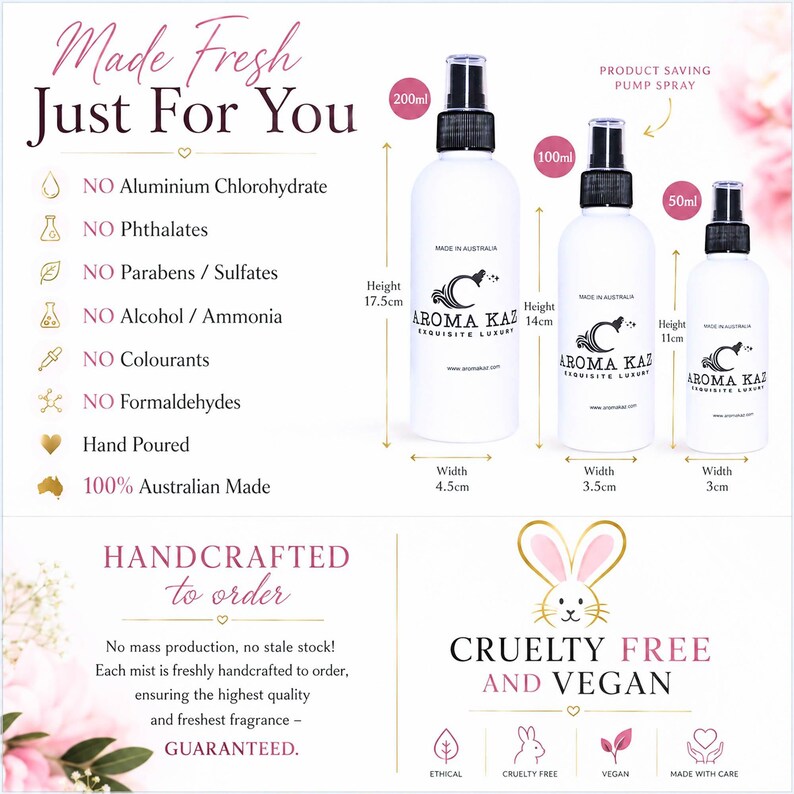 May include: Three white spray bottles of varying sizes, labeled "Aroma Kaz." The largest bottle is 17.5 cm tall and 4.5 cm wide, the medium is 14 cm tall and 3.5 cm wide, and the smallest is 11 cm tall and 3 cm wide. The text reads "Made Fresh Just For You."