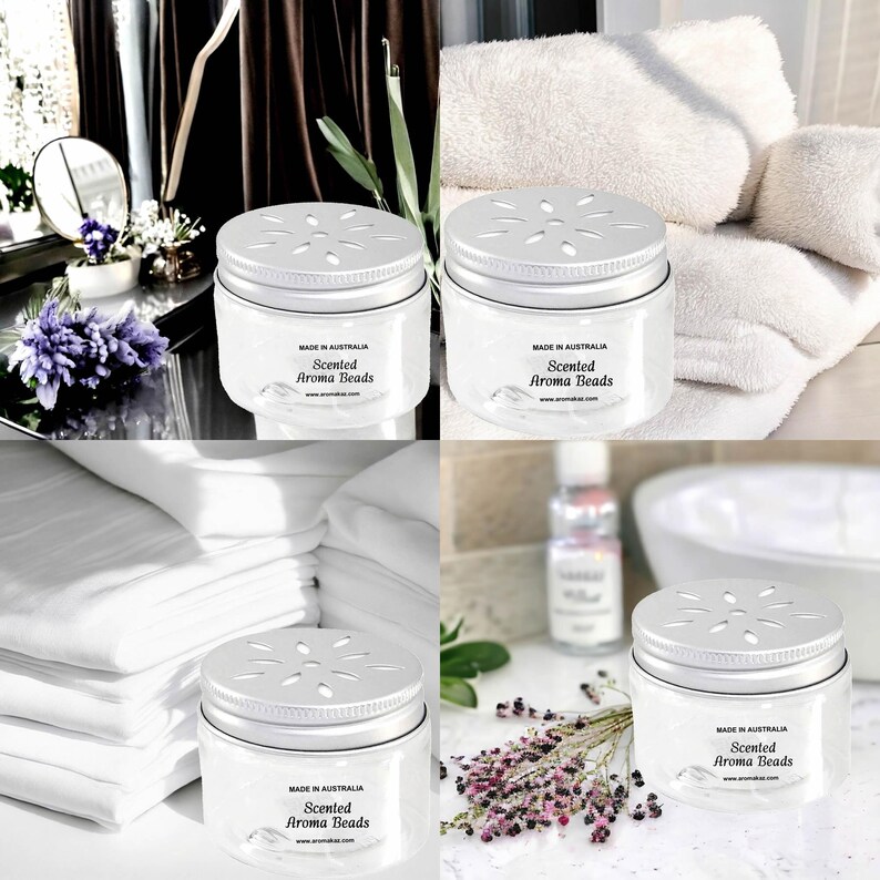 Collage of handmade scented aroma bead air freshener jars in bathroom, bedroom, laundry and wardrobe settings, made in Australia, vegan and cruelty-free long-lasting home fragrance for towels, linens and small spaces.