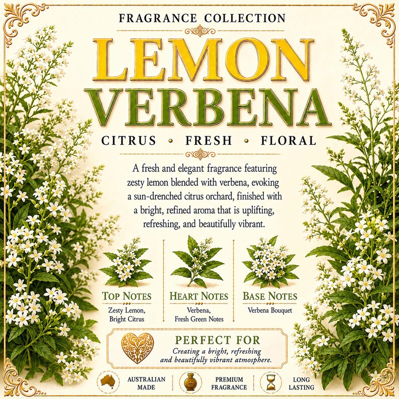Pu&ograve; includere: Un'etichetta rettangolare intitolata FRAGRANCE COLLECTION LEMON VERBENA con illustrazioni di fiori bianchi e foglie verdi sui lati. Il testo include CITRUS, FRESH, FLORAL, TOP NOTES, HEART NOTES, BASE NOTES e AUSTRALIAN MADE.