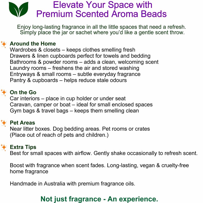 Ways to use scented aroma beads air freshener in wardrobes, drawers, bathrooms, cars, pet areas and small spaces, long-lasting vegan handmade home fragrance made in Australia.